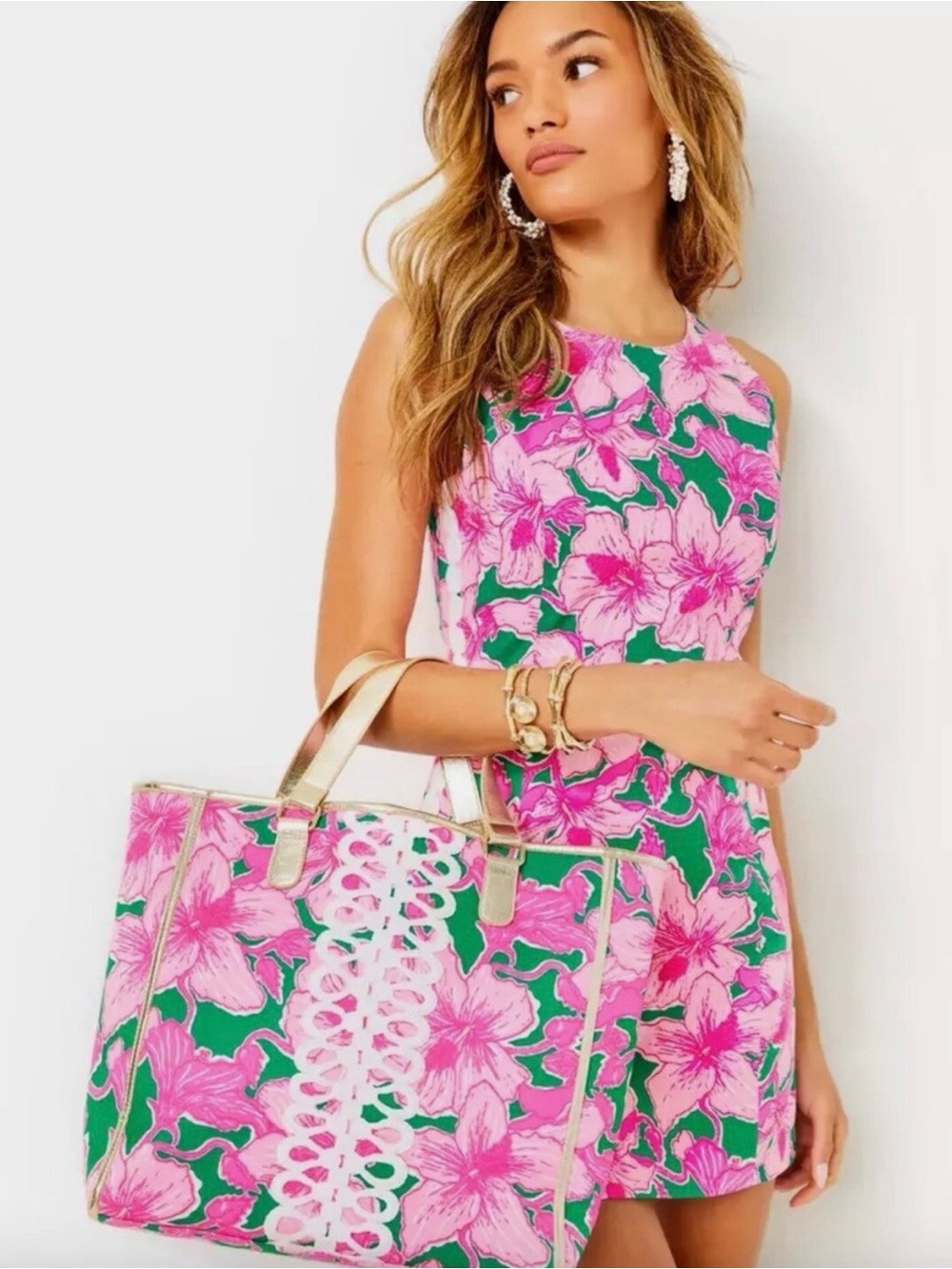 Lilly Pulitzer Tote Bag with Gold Handles Kelly Green Hibis Kiss